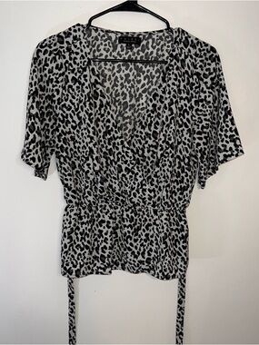 Trixxi Black White Grey Leopard Print Tie-Waist Wrap Blouse